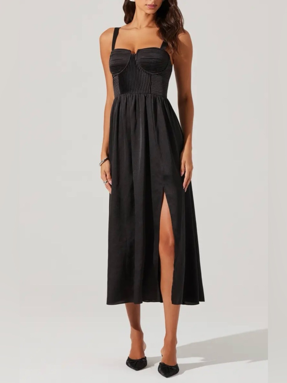 Astr Black Midi Dress with Bustier Top and Front Slit